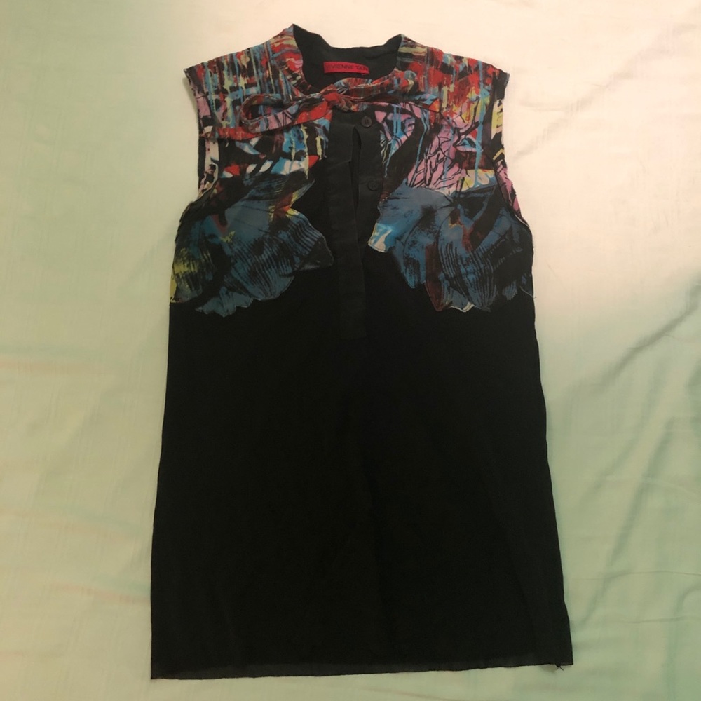 Vivienne Tam mesh top with appliqué & neck tie